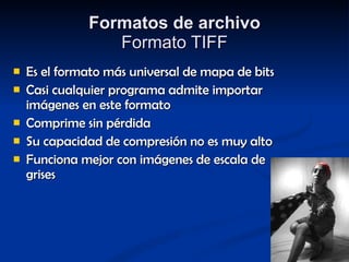 Formatos de archivo Formato TIFF Es el formato más universal de mapa de bits Casi cualquier programa admite importar imágenes en este formato Comprime sin pérdida  Su capacidad de compresión no es muy alto Funciona mejor con imágenes de escala de grises 