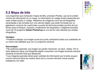 5.2 Mapa de bits
Los programas que manipulan mapas de Bits, procesan Píxeles, que es la unidad
mínima de información en un mapa. La información en código binario desarrolla por
cada unidad (píxel) un código. Hablamos de imágenes como las de fotografías
escaneadas o las tomadas con una cámara digital, que están formadas por un
gigantesco conjunto de cuadrículas o puzzle de diminutos píxeles (puntos de luz).
Sirven para el retoque, creación y tratamiento de fotografías o imágenes tomadas
como tal. El programa Adobe Photoshop es uno de los más utilizado por artistas
infográficos.

Ventajas:
Podemos trabajar una imagen punto por punto cambiando todas sus cualidades de
un modo más datallado que con un programa vectorial.

Desventajas:
No podemos agrandar una imagen sin perder resolución, es decir, nitidez. Por lo
tanto debemos hacer una fotografía digital o escanear una imagen teniendo siempre
presente el tamaño final que deseamos.
Las imágenes grandes tienen gran cantidad de información por lo tanto ocupan
mucha memoria fisica de nuestro disco duro y mucha memoria virtual cuando
trabajamos con ellas.

                                                                                    17
 
