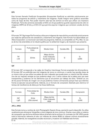 Formatos de imagen digital
                              http://www.revista.unam.mx/vol.6/num5/art50/art50.htm
EPS

Este formato llamado PostScript Encapsulado (Encapsulate PostScrip) es admitido prácticamente por
todos los programas de edición y tratamiento de imágenes. Puede integrar tanto gráficos vectoriales
como de mapa de bits. Para poder imprimir este tipo de archivos se tiene que utilizar una impresora
PostScript. Tiene dos versiones avanzadas: el DCS con el que podemos guardar separaciones de color en
imágenes CMYK de 32 bits y el DCS 2.0 que permite exportar imágenes que contienen canales de tinta
plana.

TIF

El formato TIF (Tag Image File Format) se utiliza para imágenes de mapa de bits y es admitido prácticamente
por todas las aplicaciones de autoedición y tratamiento de imágenes. Este formato fue desarrollado por
Aldus Corporation. Lo reconocen casi todos los programas. Además, es compatible con PC y Mac. Su uso
es de los más extendidos en la industria gráfica por la calidad de imagen y de impresión que presenta.


                          Profundidad de
      Formato                                           Modos Color                 Canales Alfa               Compresión
                               Color

                                                       ·Mapa de bits
         TIF                                          ·Color Indexado                                                Si:
                               32 bits                                                     Si
        (.tif)                                       ·Escala de Grises                                             (LZW)
                                                           ·RGB


GIF

El formato GIF corresponde a las siglas de Graphics Interchange Format propiedad de eCompuServe.
El formato GIF es preferible para las imágenes de tonos no continuos o cuando hay grandes áreas de
un mismo color ya que utiliza una paleta de color indexado que puede tener un máximo de 256 colores.
Una de sus mayores ventajas es que podemos elegir uno o varios colores de la paleta para que sean
transparentes y podamos ver los elementos que se encuentren por debajo de estos. También es uno
de los pocos formatos de imagen con el que podemos mostrar animaciones porque hace que distintos
frames se ejecuten secuencialmente. Además, es un formato de compresión diseñado para disminuir el
tiempo de transferencia de datos por las líneas telefónicas.


                          Profundidad de
      Formato                                           Modos Color                 Canales Alfa               Compresión
                               Color

                                                       ·Mapa de bits
         GIF                   8 bits                                                                                Si:
                                                      ·Color Indexado                     No
        (.gif)              (256 colores)                                                                          (LZW)
                                                           ·RGB

JPG o JPEG

Este formato toma su nombre de Joint Photographic Experts Group, asociación que lo desarrollo. Se utiliza
usualmente para almacenar fotografías y otras imágenes de tono continuo. Gracias a que utiliza un sistema
de compresión que de forma eficiente reduce el tamaño de los archivos. En contraste con GIF, JPEG guarda
toda la información referente al color con millones de colores (RGB) sin obtener archivos excesivamente
grandes. Además, los navegadores actuales reconocen y muestran con fidelidad este formato.
8 -10
                                    © Coordinación de Publicaciones Digitales. DGSCA-UNAM
Se autoriza la reproducción total o parcial de este artículo, siempre y cuando se cite la fuente completa y su dirección electrónica.
 