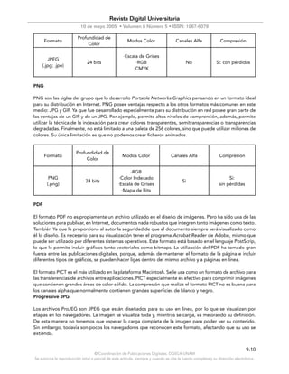 Revista Digital Universitaria
                           10 de mayo 2005 • Volumen 6 Número 5 • ISSN: 1067-6079

                         Profundidad de
      Formato                                           Modos Color                  Canales Alfa               Compresión
                              Color

                                                     ·Escala de Grises
       JPEG
                               24 bits                     ·RGB                            No                Si: con pérdidas
    (.jpg; .jpe)
                                                          ·CMYK


PNG

PNG son las siglas del grupo que lo desarrollo Portable Networks Graphics pensando en un formato ideal
para su distribución en Internet. PNG posee ventajas respecto a los otros formatos más comunes en este
medio: JPG y GIF. Ya que fue desarrollado especialmente para su distribución en red posee gran parte de
las ventajas de un GIF y de un JPG. Por ejemplo, permite altos niveles de comprensión, además, permite
utilizar la técnica de la indexación para crear colores transparentes, semitransparencias o transparencias
degradadas. Finalmente, no está limitado a una paleta de 256 colores, sino que puede utilizar millones de
colores. Su única limitación es que no podemos crear ficheros animados.


                        Profundidad de
      Formato                                       Modos Color                   Canales Alfa                 Compresión
                             Color

                                                        ·RGB
        PNG                                        ·Color Indexado                                                  Si:
                              24 bits                                                    Si
       (.png)                                     ·Escala de Grises                                            sin pérdidas
                                                    ·Mapa de Bits


PDF

El formato PDF no es propiamente un archivo utilizado en el diseño de imágenes. Pero ha sido una de las
soluciones para publicar, en Internet, documentos nada robustos que integren tanto imágenes como texto.
También Ya que le proporciona al autor la seguridad de que el documento siempre será visualizado como
él lo diseño. Es necesario para su visualización tener el programa Acrobat Reader de Adobe, mismo que
puede ser utilizado por diferentes sistemas operativos. Este formato está basado en el lenguaje PostScrip,
lo que le permite incluir gráficos tanto vectoriales como bitmaps. La utilización del PDF ha tomado gran
fuerza entre las publicaciones digitales, porque, además de mantener el formato de la página e incluir
diferentes tipos de gráficos, se pueden hacer ligas dentro del mismo archivo y a páginas en línea.

El formato PICT es el más utilizado en la plataforma Macintosh. Se le usa como un formato de archivo para
las transferencias de archivos entre aplicaciones. PICT especialmente es efectivo para comprimir imágenes
que contienen grandes áreas de color sólido. La compresión que realiza el formato PICT no es buena para
los canales alpha que normalmente contienen grandes superficies de blanco y negro.
Progressive JPG

Los archivos ProJEG son JPEG que están diseñados para su uso en línea, por lo que se visualizan por
etapas en los navegadores. La imagen se visualiza toda y, mientras se carga, va mejorando su definición.
De esta manera no tenemos que esperar la carga completa de la imagen para poder ver su contenido.
Sin embargo, todavía son pocos los navegadores que reconocen este formato, afectando que su uso se
extienda.


                                                                                                                               9-10
                                    © Coordinación de Publicaciones Digitales. DGSCA-UNAM
Se autoriza la reproducción total o parcial de este artículo, siempre y cuando se cite la fuente completa y su dirección electrónica.
 