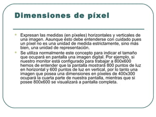 Dimensiones de píxel

   Expresan las medidas (en píxeles) horizontales y verticales de
    una imagen. Aaunque ésto debe entenderse con cuidado pues
    un píxel no es una unidad de medida estrictamente, sino más
    bien, una unidad de representación.
   Se utiliza normalmente este concepto para indicar el tamaño
    que ocupará en pantalla una imagen digital. Por ejemplo, si
    nuestro monitor está configurado para trabajar a 800x600
    hemos de entender que la pantalla mostrará 800 puntos de luz
    en horizontal y 600 puntos de luz en vertical, por lo tanto una
    imagen que posea una dimensiones en píxeles de 400x300
    ocupará la cuarta parte de nuestra pantalla, mientras que si
    posee 800x600 se visualizará a pantalla completa.
 
