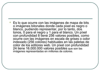    Es lo que ocurre con las imágenes de mapa de bits
    o imágenes bitonales donde cada pixel es negro o
    blanco, pudiendo representar, por lo tanto, dos
    tonos, 0 para el negro y 1 para el blanco. Un píxel
    con profundidad 8 tiene 256 valores posibles, como
    ocurre con las imágenes en escala de grises o color
    indexado (256 colores) habituales en las paletas de
    color de los editores web. Un píxel con profundidad
    24 tiene 16.000.000 valores posibles que son las
    imágenes representadas en millones de colores.
 
