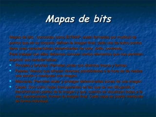 Mapas de bits
Mapas de bits : conocidas como BITMAP, están formadas por multitud de
puntos que en su conjunto definen la imagen final; cada uno de estos puntos
tiene unas características determinadas de color ,brillo ,contraste..
Para trabajar con ellas debemos conocer ciertos elementos que nos permiten
exprimir sus características:
   Pinceles y brochas :Permiten pintar con distintos trazos y formas
   Paletas :Menús que ofrecen diversas posibilidades a la hora de de realiza
    una acción o manipular una imagen.
   Máscaras :Permiten aislar y proteger determinadas zonas de una imagen
   Capas :Son como hojas transparentes en las que se van dibujando o
    transformando partes de la imagen y que, cuando se visualizan todas a la
    vez, superpuestas, forman la imagen final. Cada capa se puede manipular
    de forma individual.
 