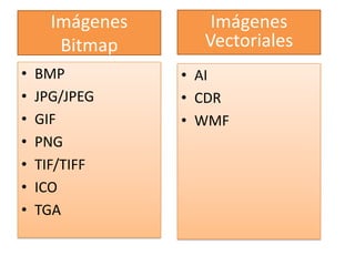 Imágenes      Imágenes
       Bitmap      Vectoriales
•   BMP          • AI
•   JPG/JPEG     • CDR
•   GIF          • WMF
•   PNG
•   TIF/TIFF
•   ICO
•   TGA
 