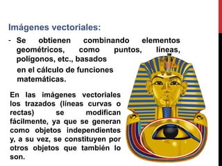 Imágenes vectoriales:
- Se obtienen combinando elementos
geométricos, como puntos, líneas,
polígonos, etc., basados
en el cálculo de funciones
matemáticas.
En las imágenes vectoriales
los trazados (líneas curvas o
rectas) se modifican
fácilmente, ya que se generan
como objetos independientes
y, a su vez, se constituyen por
otros objetos que también lo
son.
 