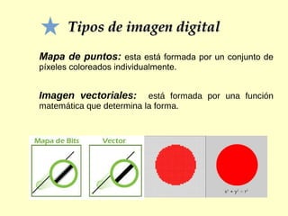 Tipos de imagen digitalTipos de imagen digital
Mapa de puntos: esta está formada por un conjunto de
píxeles coloreados individualmente.
Imagen vectoriales: está formada por una función
matemática que determina la forma.
 