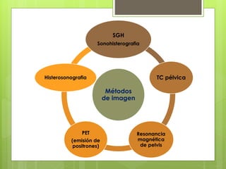 Métodos
de imagen
SGH
Sonohisterografia
TC pélvica
Resonancia
magnética
de pelvis
PET
(emisión de
positrones)
Histerosonografia
 