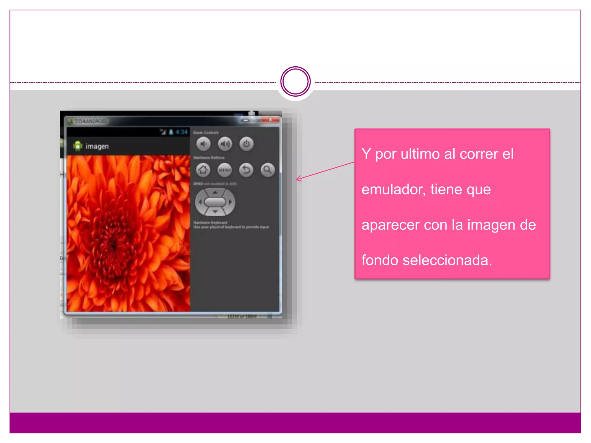 Y por ultimo al correr el
emulador, tiene que
aparecer con la imagen de
fondo seleccionada.
