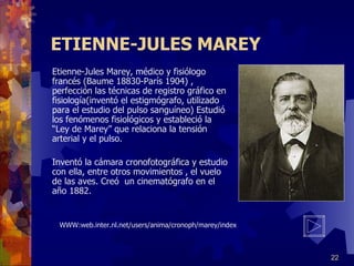 E TIENNE-JULES MAREY Etienne-Jules Marey, médico y fisiólogo francés (Baume 18830-París 1904) , perfección las técnicas de registro gráfico en fisiología(inventó el estigmógrafo, utilizado para el estudio del pulso sanguíneo) Estudió los fenómenos fisiológicos y estableció la “Ley de Marey” que relaciona la tensión arterial y el pulso. Inventó la cámara cronofotográfica y estudio con ella, entre otros movimientos , el vuelo de las aves. Creó  un cinematógrafo en el año 1882. WWW:web.inter.nl.net/users/anima/cronoph/marey/index 