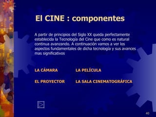 El CINE : componentes A partir de principios del Siglo XX queda perfectamente establecida la Tecnología del Cine que como es natural continua avanzando. A continuación vamos a ver los aspectos fundamentales de dicha tecnología y sus avances mas significativos LA CÁMARA LA PELÍCULA EL PROYECTOR LA SALA CINEMATOGRÁFICA 