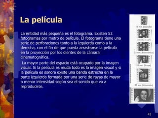 La película La entidad más pequeña es el fotograma. Existen 52 fotogramas por metro de película. El fotograma tiene una serie de perforaciones tanto a la izquierda como a la derecha, con el fin de que pueda arrastrarse la película en la proyección por los dientes de la cámara cinematográfica.   La mayor parte del espacio está ocupado por la imagen visual. Si la película es muda todo es la imagen visual y si la película es sonora existe una banda estrecha en la parte izquierda formada por una serie de rayas de mayor o menor intensidad según sea el sonido que va a reproducirse. 
