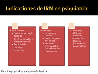 • Indicaciones             • Ventajas             • Desventajas
          • Descartar patología      • No expone a          • Objetos
            orgánica                   radiación              metálicos
          • Cambios abruptos en      • Genera imágenes      • Claustrofobia
            el estado mental           en 3 planos          • Difícil en
          • Perdida de la            • Se valoran             pacientes no
            memoria                    enfermedades           cooperadores
                                       desmielinizantes
          • Demencia                 • Fosa posterior




Neuroimaging-in-Psychiatry-ppt-2846713#1a
 