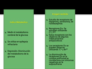 …Contd



                                       Imagen recibida

                                   Estudio de receptores de
         Indice Metabolico          dopamina, serotonina, be
                                    nzodiazepinas

                                   Receptores D2: Se
                                    estudian utilizando
     Medir el metabolismo          C11, F18.
      cerebral de la glucosa       Estos receptores son los
                                    objetivos de algunos
                                    medicamentos
     Se utiliza en epilepsia       antipsicóticos
      refractaria
                                   Los receptores D1 se
                                    pueden observar
                                    utilizando C11 y Br76
     Depresión: Disminución
      del metabolismo de la        La disminución de
      glucosa                       receptores D1 en la
                                    corteza prefrontal se
                                    correlaciona con síntomas
                                    negativos en la
                                    esquizofrenia
 