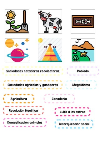 Sociedades cazadoras recolectoras
Sociedades agrícolas y ganaderas
Agricultura
Revolución Neolítica
Ganadería
Domesticación animales
Culto a los astros
Poblado
Megalitismo
Jerarquización social
 