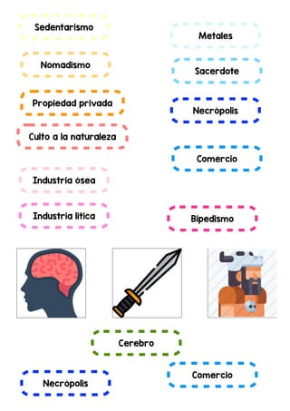 Comercio
Necrópolis
Sedentarismo
Nomadismo
Propiedad privada
Culto a la naturaleza
Industria ósea
Industria litica Bipedismo
Metales
Sacerdote
Cerebro
Comercio
Necrópolis
 