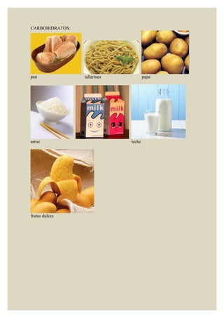 CARBOHIDRATOS:




pan              tallarines           papa




arroz                         leche




frutas dulces
 