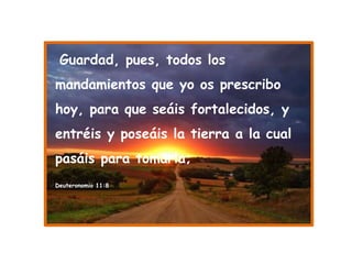 Guardad, pues, todos los mandamientos que yo os prescribo hoy, para que seáis fortalecidos, y entréis y poseáis la tierra a la cual pasáis para tomarla;                                                                                                                                     Deuteronomio 11:8 