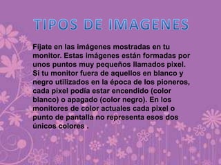 Fíjate en las imágenes mostradas en tu
monitor. Estas imágenes están formadas por
unos puntos muy pequeños llamados pixel.
Si tu monitor fuera de aquellos en blanco y
negro utilizados en la época de los pioneros,
cada pixel podía estar encendido (color
blanco) o apagado (color negro). En los
monitores de color actuales cada pixel o
punto de pantalla no representa esos dos
únicos colores .
 