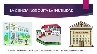 LA CIENCIA NOS QUITA LA INUTILIDAD
EL FIN DE LA CIENCIA ES DARNOS UN CONOCIMIENTO TECNICO, TECNOLOGO, PROFESIONAL
 