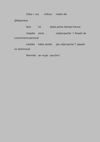 Chika + uru chiküru medio día
Qillqasarana
Sarä iré qhipa pacha (tiempo futuro)
Jutayäta venía (uñjata pacha) t. Pasado de
conocimiento personal
Jutatäta había venido (jan uñjat pacha) T. pasado
no testimonial
Warmïña ser mujer (aruchiri)
 