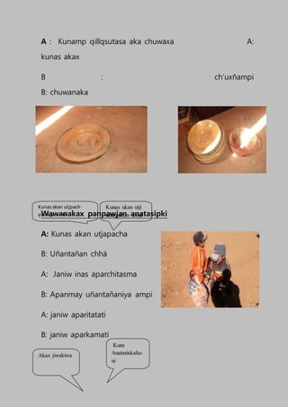 A : Kunamp qillqsutasa aka chuwaxa A:
kunas akax
B : ch’uxñampi
B: chuwanaka
Wawanakax panpawjan anatasipki
A: Kunas akan utjapacha
B: Uñantañan chhä
A: Janiw inas aparchitasma
B: Apanmay uñantañaniya ampi
A: janiw aparitatati
B: janiw aparkamati
Kunasakan utjpach
yatat janicha
Kunas ukan utji
uñanyañan chhä
Akax jiwakiwa
Kuns
Anatasiskaña-
ni
 