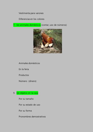 Vestimenta para varones
Diferencias en los colores
7. los animales domésticos (contar, uso de números)
Animales domésticos
En la feria
Productos
Número (dinero)
9. los objetos en la casa
Por su tamaño
Por su estado de uso
Por su forma
Pronombres demostrativos
 