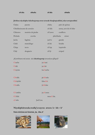 ch’ullu chhullu ch’alla chhalla
Jichhax niyakipka lakañaqamp arsut arunak thaqhapxañäni, ukat arsupxañäni
Chaka puente chäka palo de quinua
Chhallacáscaras de cereales ch’alla arena, acto de ch’allar
Chhaxwa montón de piedra ch’axwa conflicto
Pichaña escoba phichhaña atizar
Jacha lágrima jach’a grande
Chiñi murciélago ch’iñi liendre
Chiqa recto ch’iqa izquierdo
Chiji desgracia ch’iji césped
¿Kawkharus mä arunx aka lakañaqamp arsunakax qillqasi?
Chacha juchani
Chiñi jachiri
Chuyma kachucha
Chhalla pichhaña
Chhijchhi khuchhi
Chhullu jichhüru
Ch’ankha jach’atata
Ch’ikhi muxch’iña
ch’uñu Juch’usa
Niyakipkärunaka mallq’a nayrax arsuta k – kh – k’
Pares mínimoscon fonemas_ka, -kha,-k’
 