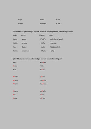 Kaya khaya k’aya
Kanka khankha k’ank’a
Jichhax niyakipka mallq’a nayrax arsunak thaqhapxañäni, ukat arsupxañäni
K’ak’a cresta khakha ronco
Kanka asado k’ank’a suciedadde lapiel
Jik’iña arrancar jikiña encontrar
Kutu buche k’utu hijode soltería
K’umu encorvado khumu carga
¿Kawkharus mä arunx aka mallq’a nayrax arsunakax qillqasi?
Kayu wankara
Kimsa ikiña
Kutu tukuña
Khakha jikhani
Khirkhi mukhiña
Khunu nukhuña
K’awna suK’aña
K’isa jik’iña
K’usa lak’uña
 