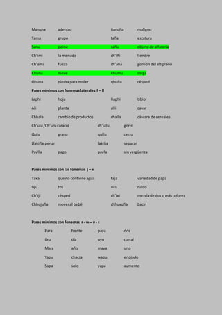 Manqha adentro ñanqha maligno
Tama grupo taña estatura
Sanu peine sañu objetode alfarería
Ch’imi lomenudo ch’iñi liendre
Ch’ama fueza ch’aña gorrióndel altiplano
Khunu nieve khumu carga
Qhuna piedrapara moler qhuña césped
Pares mínimoscon fonemaslaterales l – ll
Laphi hoja llaphi tibio
Ali planta alli cavar
Chhala cambiode productos challa cáscara de cereales
Ch’ulu/Ch’urucaracol ch’ullu gorro
Qulu grano qullu cerro
Llakiña penar lakiña separar
Paylla pago payla sinvergüenza
Pares mínimoscon las fonemas j – x
Taxa que no contiene agua taja variedadde papa
Uju tos uxu ruido
Ch’iji césped ch’ixi mezclade dos o máscolores
Chhujuña moveral bebé chhuxuña bacín
Pares mínimoscon fonemas r - w – y - s
Para frente paya dos
Uru día uyu corral
Mara año maya uno
Yapu chacra wapu enojado
Sapa solo yapa aumento
 