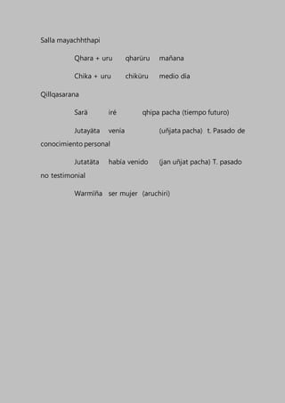Salla mayachhthapi
Qhara + uru qharüru mañana
Chika + uru chiküru medio día
Qillqasarana
Sarä iré qhipa pacha (tiempo futuro)
Jutayäta venía (uñjata pacha) t. Pasado de
conocimiento personal
Jutatäta había venido (jan uñjat pacha) T. pasado
no testimonial
Warmïña ser mujer (aruchiri)
 