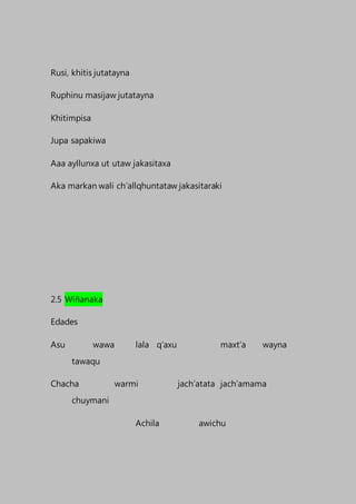 Rusi, khitis jutatayna
Ruphinu masijaw jutatayna
Khitimpisa
Jupa sapakiwa
Aaa ayllunxa ut utaw jakasitaxa
Aka markan wali ch’allqhuntataw jakasitaraki
2.5 Wiñanaka
Edades
Asu wawa lala q’axu maxt’a wayna
tawaqu
Chacha warmi jach’atata jach’amama
chuymani
Achila awichu
 