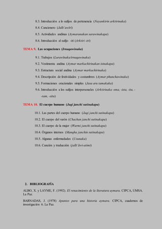 8.3. Introducción a lo sufijos de pertenencia (Nayankirin arktirinaka)
8.4. Cancionero (Jallt’awïri)
8.5. Actividades andinas (Aymaranakan sarawinakapa)
8.6. Introducción al sufijo -iri (Arktiri -iri)
TEMA 9. Las ocupaciones (Irnaqawinaka)
9.1. Trabajos (Lurawïnaka/irnaqawinaka)
9.2. Vestimenta andina (Aymar markachirinakan isinakapa)
9.3. Estructura social andina (Aymar markachirinaka)
9.4. Descripción de festividades y costumbres (Aymar phunchawinaka)
9.5. Formaciones oracionales simples (Jasa aru tamakaka)
9.6. Introducción a los sufijos interpersonales (Arktirinaka -sma, -ista, -itu, -
-tam, -situ)
TEMA 10. El cuerpo humano (Jaqi janchi sutinakapa)
10.1. Las partes del cuerpo humano (Jaqi janchi sutinakapa)
10.2. El cuerpo del varón (Chachan janchi sutinakapa)
10.3. El cuerpo de la mujer (Warmi janchi sutinakapa)
10.4. Órganos internos (Manqha janchin sutinakapa)
10.5. Algunas enfermedades (Usunaka)
10.6. Canción y traducción (jallt’äwi-atimi)
2. BIBLIOGRAFÍA
ALBO, X. y LAYME, F. (1992). El renacimiento de la literatura aymara. CIPCA, UMSA.
La Paz.
BARNADAS, J. (1978) Apuntes para una historia aymara. CIPCA, cuadernos de
investigación 6. La Paz.
 