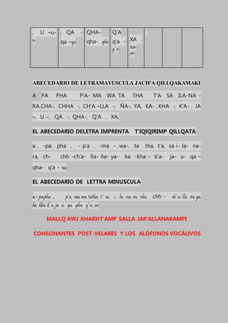 , U –u-
u,
, QA -
qa –qa
QHA-
qha- qha
Q’A
q’a -
q’ a
,
XA -
xa-
xa
¨
ABECEDARIO DE LETRAMAYUSCULA JACH’A QILLQAKAMAKI
A PA PHA P’A- MA WA TA THA T’A SA ILA-NA -
RA,CHA-, CHHA -, CH’A –LLA -, ÑA-, YA, KA- , KHA -, K’A- , JA
–, U –, QA -, QHA-, Q’A , XA,
EL ABECEDARIO DELETRA IMPRENTA T’IQIQIRIMP QILLQATA
a , -pa, pha , - p’a , -ma - ,wa-, ta tha, t’a, sa i- la- na-
ra, ch- chh -ch’a- lla- ña- ya- ka -kha – k’a- ja- u- qa –
qha- q’a - xa
EL ABECEDARIO DE LETTRA MINUSCULA
a,- pa,pha , p’a, ma, wa, tatha, t’ sa, i , la, na, ra, cha, chh - ch’ a, lla, ña,ya,
ka, kha, k’ a, ja, u, qa, qha, q’ a, xa
MALLQ’AWJ KHAKHT’AMP SALLA JAK’ALLANAKAMPI
CONSONANTES POST-VELARES Y LOS ALÓFONOS VOCÁLIVOS
 