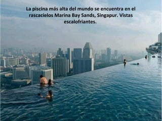 La piscina más alta del mundo se encuentra en el 
rascacielos Marina Bay Sands, Singapur. Vistas 
escalofriantes. 
 