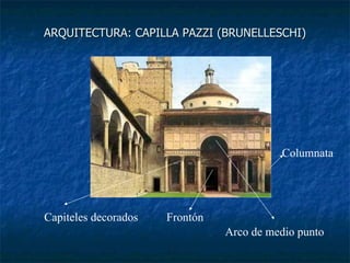 ARQUITECTURA: CAPILLA PAZZI (BRUNELLESCHI) Arco de medio punto Columnata Capiteles decorados Frontón 