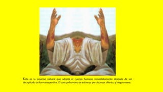 Esta es la posición natural que adopta el cuerpo humano inmediatamente después de ser
decapitado de forma repentina. El cuerpo humano se esfuerza por alcanzar aliento, y luego muere.
 