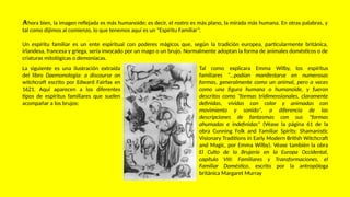 Ahora bien, la imagen reflejada es más humanoide; es decir, el rostro es más plano, la mirada más humana. En otras palabras, y
tal como dijimos al comienzo, lo que tenemos aquí es un “Espíritu Familiar”.
Un espíritu familiar es un ente espiritual con poderes mágicos que, según la tradición europea, particularmente británica,
irlandesa, francesa y griega, sería invocado por un mago o un brujo. Normalmente adoptan la forma de animales domésticos o de
criaturas mitológicas o demoníacas.
La siguiente es una ilustración extraída
del libro Daemonologia: a discourse on
witchcraft escrito por Edward Fairfax en
1621. Aquí aparecen a los diferentes
tipos de espíritus familiares que suelen
acompañar a los brujos:
Tal como explicara Emma Wilby, los espíritus
familiares “…podían manifestarse en numerosas
formas, generalmente como un animal, pero a veces
como una figura humana o humanoide, y fueron
descritos como "formas tridimensionales, claramente
definidas, vívidas con color y animadas con
movimiento y sonido", a diferencia de las
descripciones de fantasmas con sus "formas
ahumadas e indefinidas" (Véase la página 61 de la
obra Cunning Folk and Familiar Spirits: Shamanistic
Visionary Traditions in Early Modern British Witchcraft
and Magic, por Emma Wilby). Véase también la obra
El Culto de la Brujería en la Europa Occidental,
capítulo VIII: Familiares y Transformaciones, el
Familiar Doméstico, escrito por la antropóloga
británica Margaret Murray
 