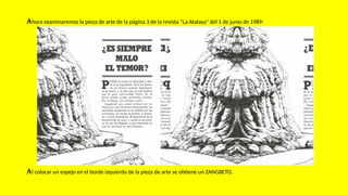 Ahora examinaremos la pieza de arte de la página 3 de la revista “La Atalaya” del 1 de junio de 1989:
Al colocar un espejo en el borde izquierdo de la pieza de arte se obtiene un ZANGBETO.
 