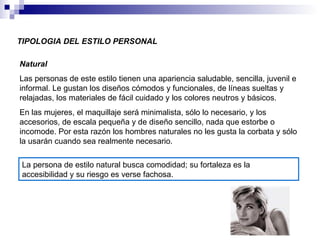 TIPOLOGIA DEL ESTILO PERSONAL Natural Las personas de este estilo tienen una apariencia saludable, sencilla, juvenil e informal. Le gustan los diseños cómodos y funcionales, de líneas sueltas y relajadas, los materiales de fácil cuidado y los colores neutros y básicos. En las mujeres, el maquillaje será minimalista, sólo lo necesario, y los accesorios, de escala pequeña y de diseño sencillo, nada que estorbe o incomode. Por esta razón los hombres naturales no les gusta la corbata y sólo la usarán cuando sea realmente necesario. La persona de estilo natural busca comodidad; su fortaleza es la accesibilidad y su riesgo es verse fachosa. 