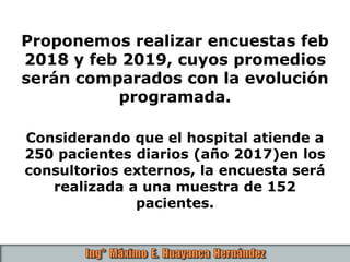 Proponemos realizar encuestas feb
2018 y feb 2019, cuyos promedios
serán comparados con la evolución
programada.
Considerando que el hospital atiende a
250 pacientes diarios (año 2017)en los
consultorios externos, la encuesta será
realizada a una muestra de 152
pacientes.
 