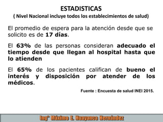 ESTADISTICAS
( Nivel Nacional incluye todos los establecimientos de salud)
El promedio de espera para la atención desde que se
solicito es de 17 días.
El 63% de las personas consideran adecuado el
tiempo desde que llegan al hospital hasta que
lo atienden
El 65% de los pacientes califican de bueno el
interés y disposición por atender de los
médicos.
Fuente : Encuesta de salud INEI 2015.
 
