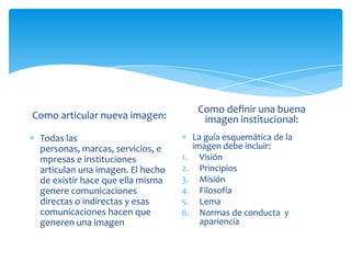 Como definir una buena
imagen institucional:

Como articular nueva imagen:
Todas las
personas, marcas, servicios, e
mpresas e instituciones
articulan una imagen. El hecho
de existir hace que ella misma
genere comunicaciones
directas o indirectas y esas
comunicaciones hacen que
generen una imagen

1.
2.
3.
4.
5.
6.

La guía esquemática de la
imagen debe incluir:
Visión
Principios
Misión
Filosofía
Lema
Normas de conducta y
apariencia

 