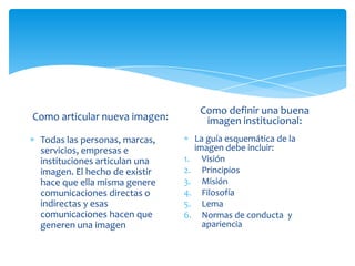 Como definir una buena
imagen institucional:

Como articular nueva imagen:
Todas las personas, marcas,
servicios, empresas e
instituciones articulan una
imagen. El hecho de existir
hace que ella misma genere
comunicaciones directas o
indirectas y esas
comunicaciones hacen que
generen una imagen

1.
2.
3.
4.
5.
6.

La guía esquemática de la
imagen debe incluir:
Visión
Principios
Misión
Filosofía
Lema
Normas de conducta y
apariencia

 