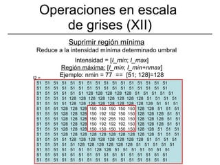 Operaciones en escala  de grises (XII) Suprimir región mínima Reduce a la intensidad mínima determinado umbral Intensidad = [ I_min ;  I_max ] Región máxima:  [ I_min ;  I_min+nmax ] Ejemplo: nmin = 77  ==  [51; 128]=128 I2 = 51  51  51  51  51  51  51  51  51  51  51  51  51  51  51  51 51  51  51  51  51  51  51  51  51  51  51  51  51  51  51  51 51  51  51  51  51  51  128  128  128  128  128  51  51  51  51  51 51  51  51  51  128  128  128  128  128  128  128  128  51  51  51  51 51  51  51  51  128  128  128  128  128  128  128  128  128  51  51  51 51  51  51  128  128  128  150  150  150  150  150  128  128  51  51  51 51  51  51  128  128  128  150  192  192  150  150  128  128  128  51  51 51  51  51  128  128  128  150  192  255  192  150  128  128  128  51  51 51  51  51  128  128  128  150  192  192  192  150  128  128  128  51  51 51  51  51  128  128  128  150  150  150  150  150  128  128  51  51  51 51  51  51  128  128  128  128  128  128  128  128  128  128  51  51  51 51  51  51  51  128  128  128  128  128  128  128  128  51  51  51  51 51  51  51  51  51  128  128  128  128  128  128  51  51  51  51  51 51  51  51  51  51  51  51  128  128  51  51  51  51  51  51  51 51  51  51  51  51  51  51  51  51  51  51  51  51  51  51  51 51  51  51  51  51  51  51  51  51  51  51  51  51  51  51  51 