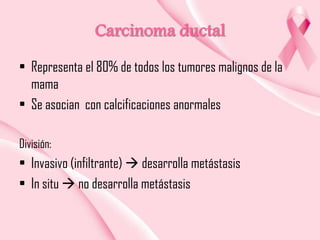 Carcinoma ductal
• Representa el 80% de todos los tumores malignos de la
mama
• Se asocian con calcificaciones anormales
División:

• Invasivo (infiltrante)  desarrolla metástasis
• In situ  no desarrolla metástasis

 