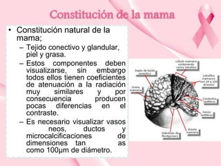 Constitución de la mama
• Constitución natural de la
mama;
– Tejido conectivo y glandular,
piel y grasa.
– Estos componentes deben
visualizarse, sin embargo
todos ellos tienen coeficientes
de atenuación a la radiación
muy
similares
y
por
consecuencia
producen
pocas diferencias en el
contraste.
– Es necesario visualizar vasos
neos,
ductos
y
microcalcificaciones
de
dimensiones tan
as
como 100μm de diámetro.

 