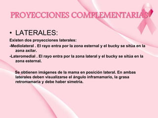 PROYECCIONES COMPLEMENTARIAS
• LATERALES:
Existen dos proyecciones laterales:
-Mediolateral . El rayo entra por la zona esternal y el bucky se sitúa en la
zona axilar.
-Lateromedial . El rayo entra por la zona lateral y el bucky se sitúa en la
zona esternal.
Se obtienen imágenes de la mama en posición lateral. En ambas
laterales deben visualizarse el ángulo inframamario, la grasa
retromamaria y debe haber simetría.

 