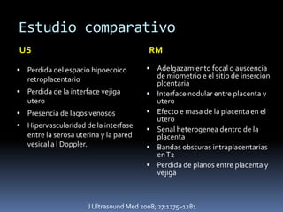 Estudio comparativo
US                                       RM

 Perdida del espacio hipoecoico         Adelgazamiento focal o auscencia
   retroplacentario                         de miometrio e el sitio de insercion
                                            plcentaria
 Perdida de la interface vejiga           Interface nodular entre placenta y
   utero                                    utero
 Presencia de lagos venosos               Efecto e masa de la placenta en el
                                            utero
 Hipervascularidad de la interfase
                                           Senal heterogenea dentro de la
   entre la serosa uterina y la pared       placenta
   vesical a l Doppler.                    Bandas obscuras intraplacentarias
                                            en T2
                                           Perdida de planos entre placenta y
                                            vejiga



                      J Ultrasound Med 2008; 27:1275–1281
 