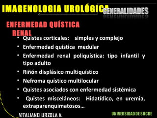 ENFERMEDAD QUÍSTICA RENAL IMAGENOLOGIA UROLÓGICA Quistes corticales:  simples y complejo Enfermedad quística  medular Enfermedad renal poliquística: tipo infantil y tipo adulto Riñón displásico multiquístico Nefroma quístico multilocular Quistes asociados con enfermedad sistémica Quistes misceláneos:  Hidatídico, en uremia, extraparenquimatosos… 