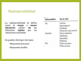 Radiosensibilidad
• La radiosensibilidad se define
como la mayor o menor
afectación celular de los
diferentes tejidos por las
radiaciones ionizantes
• Se pueden distinguir dos tipos:
• Respuestas precoces
• Respuestas tardías
 